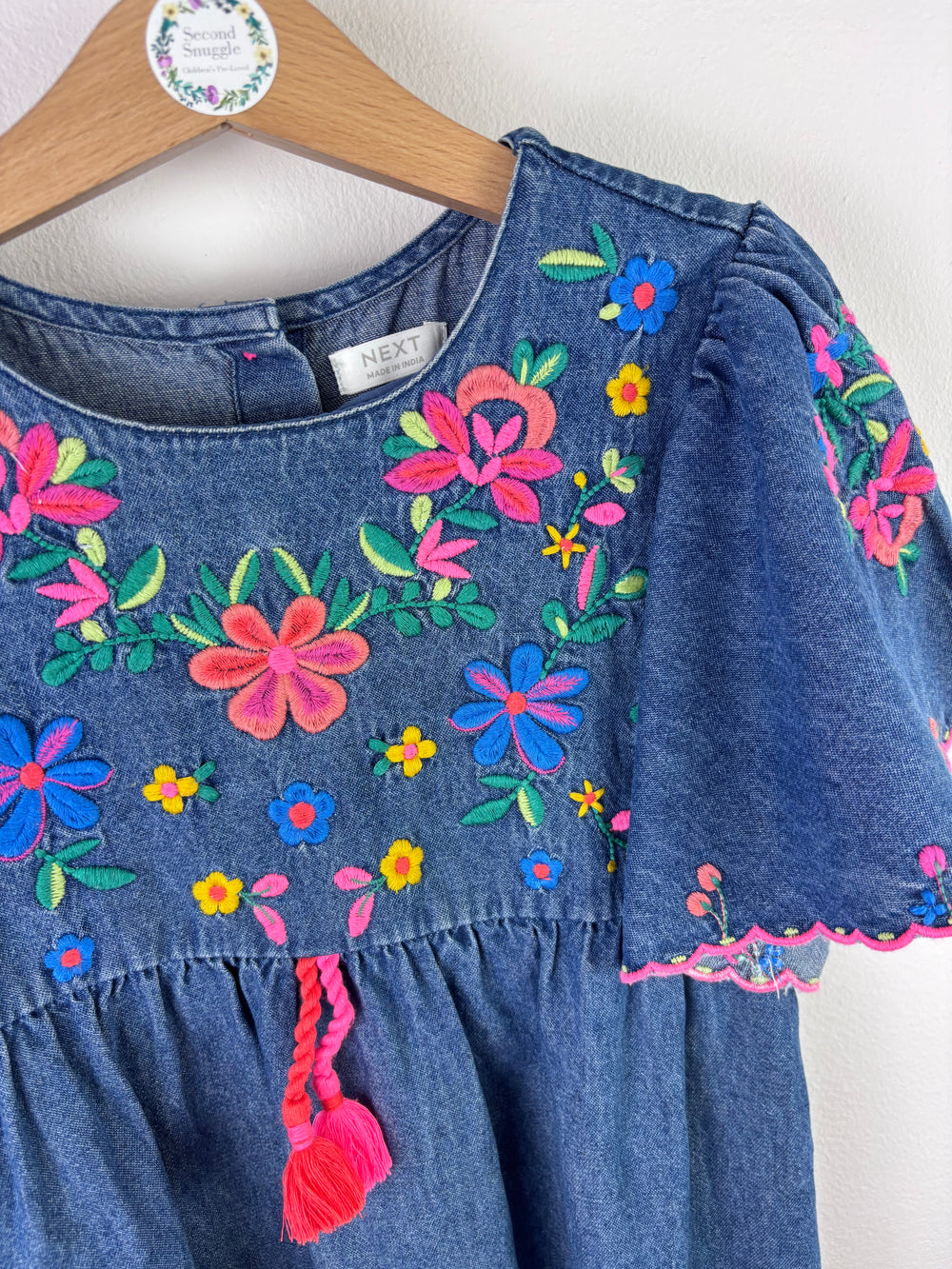 Next Denim Floral Embroidered Dress 5-6 Years-Dresses-Second Snuggle Preloved