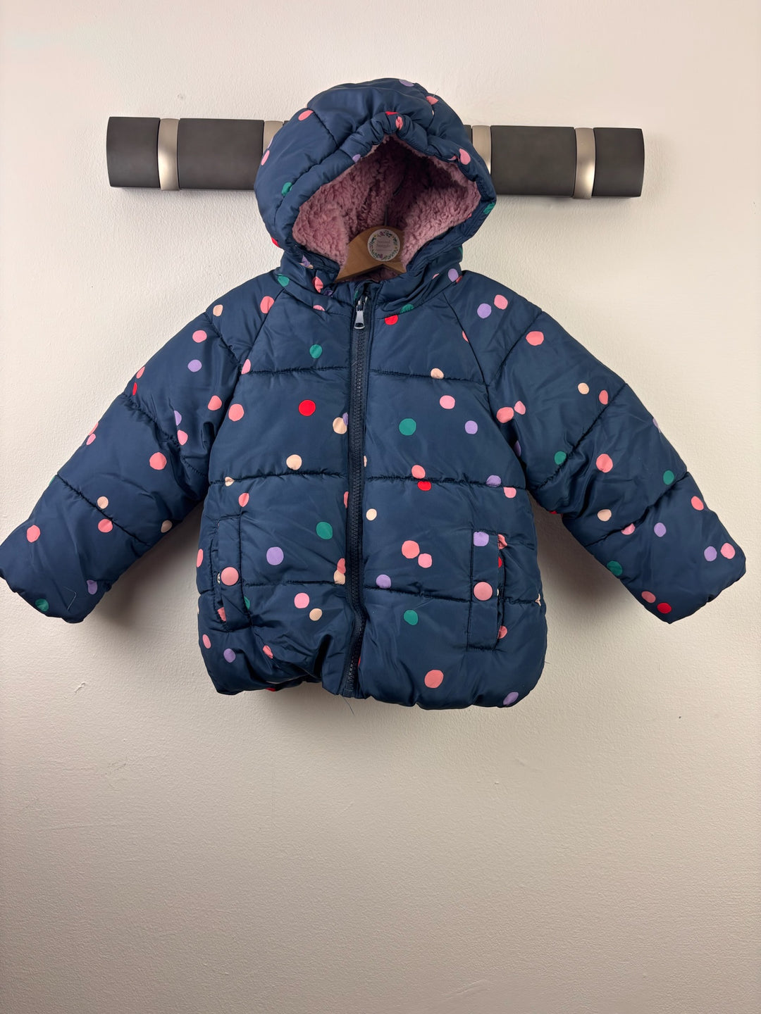 M&S Navy Colourful Spot Padded Hooded Coat 1-2 Years