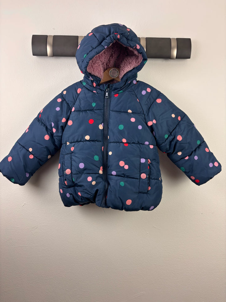 M&S Navy Colourful Spot Padded Hooded Coat 1-2 Years