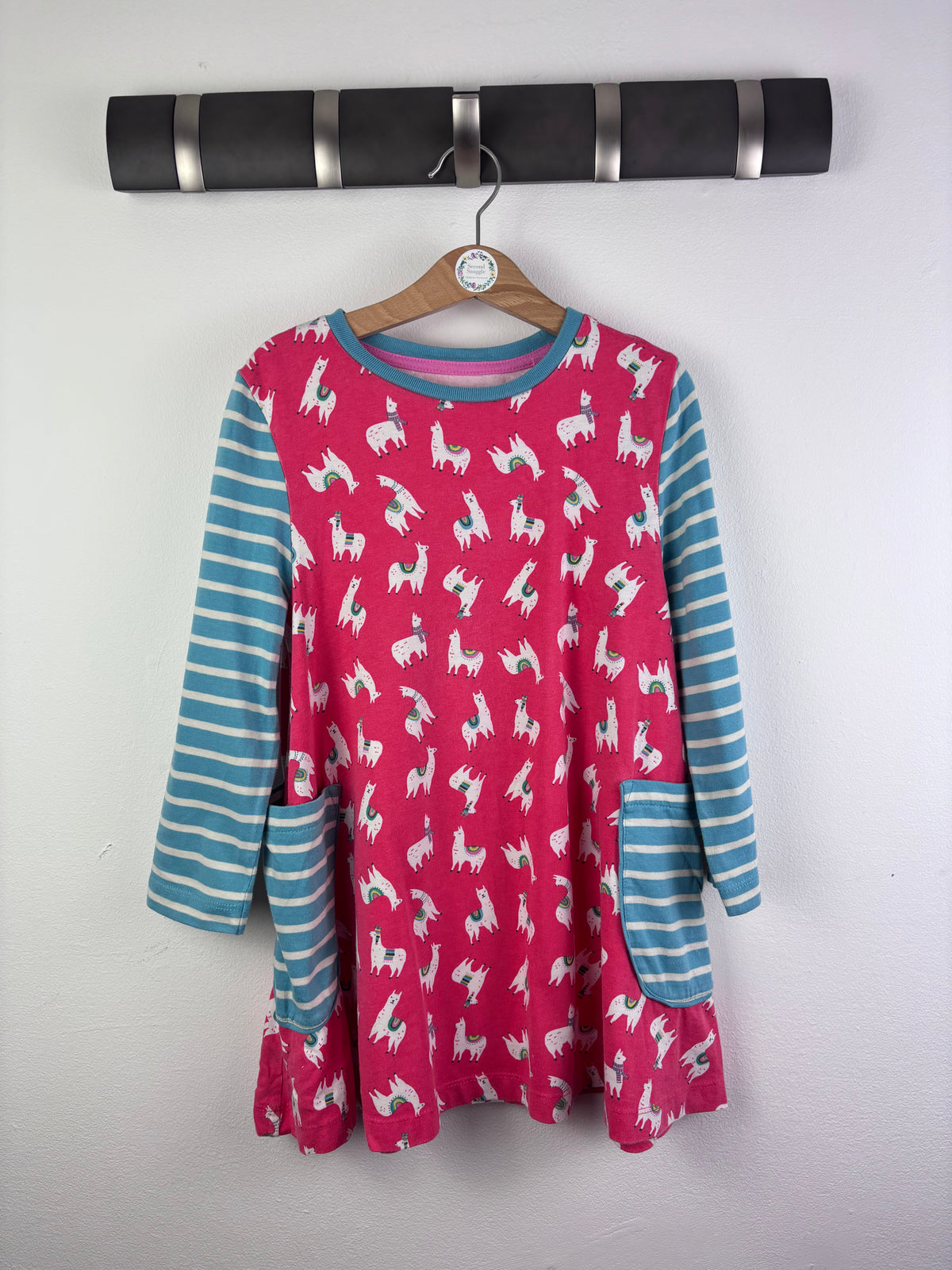 Boden Pink Llama Dress with Stripe Sleeves 8-9 Years-Dresses-Second Snuggle Preloved