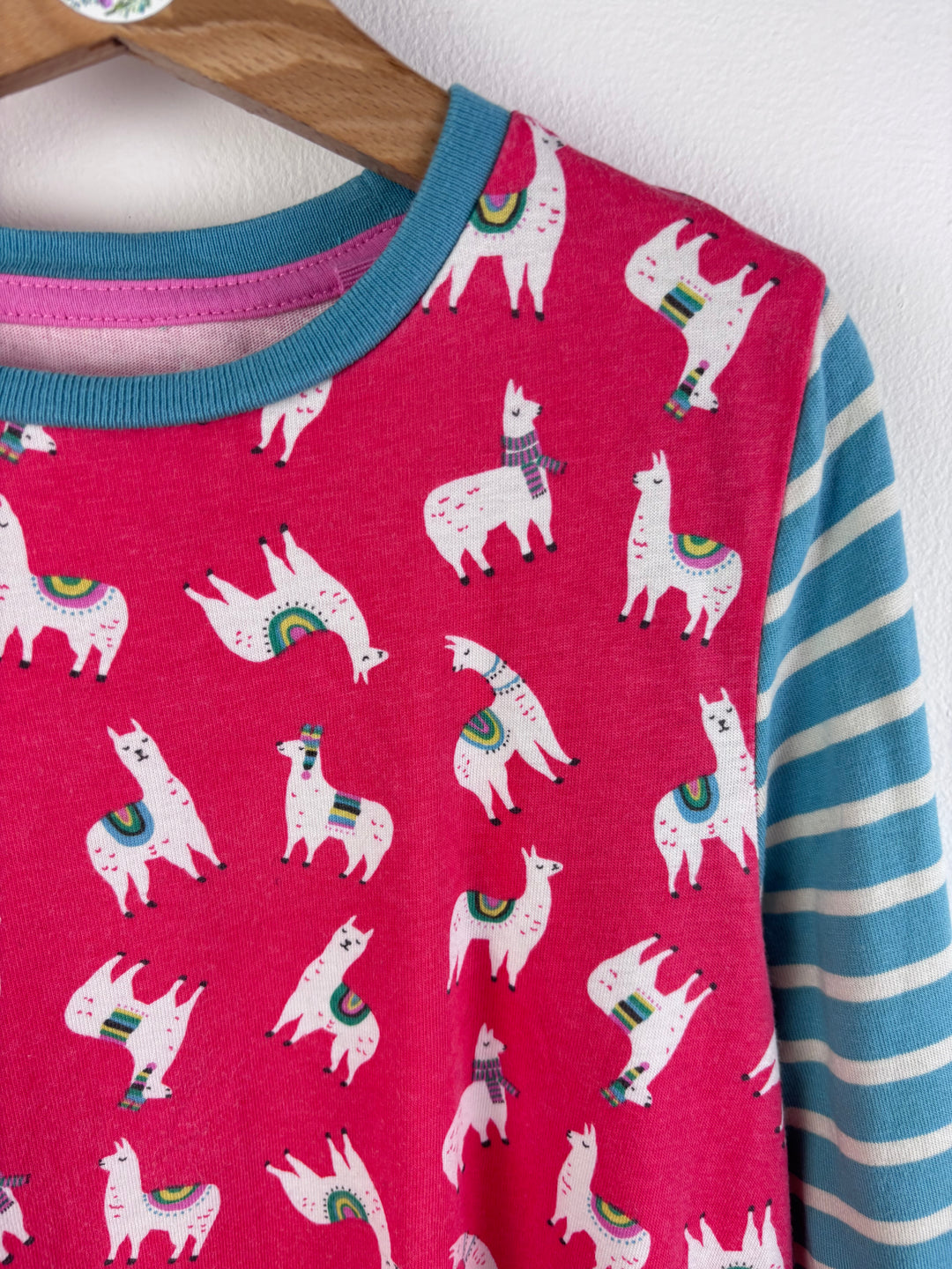 Boden Pink Llama Dress with Stripe Sleeves 8-9 Years