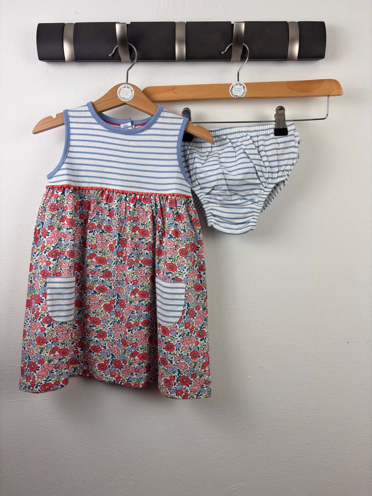 Boden Blue Stripe Pink Floral Dress & Bloomers Set-Dresses-Second Snuggle Preloved