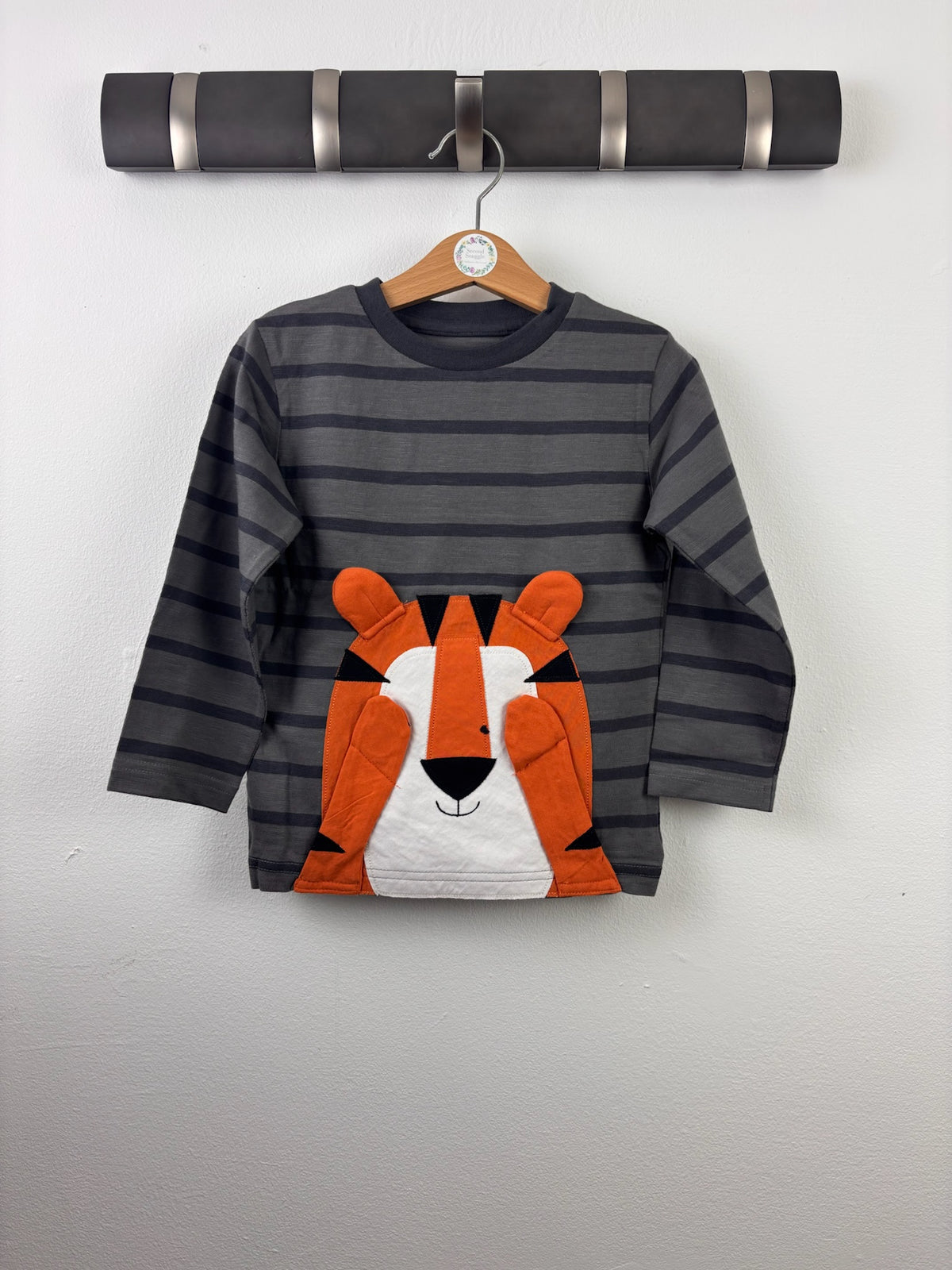 Next Grey Stripe Tiger Appliqué Long Sleeve Top-Tops-Second Snuggle Preloved