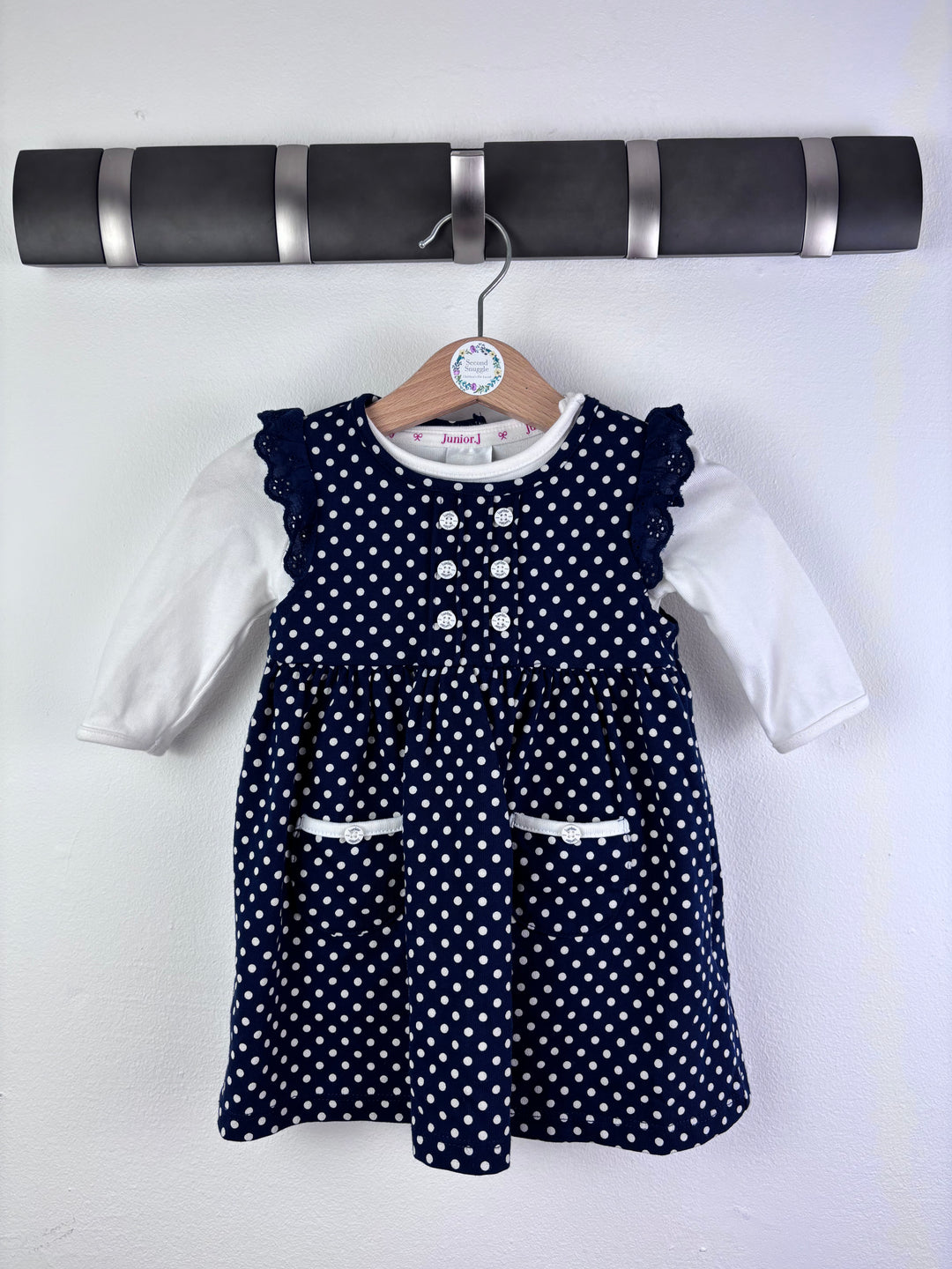 Junior J Navy Polka Dot Dress with White Sleeves 0-3 Months-Dresses-Second Snuggle Preloved