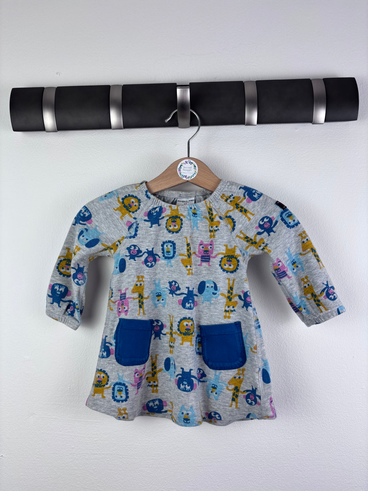 Polarn O Pyret Grey Animal Print Dress with Blue Pockets 2-4 Months-Dresses-Second Snuggle Preloved