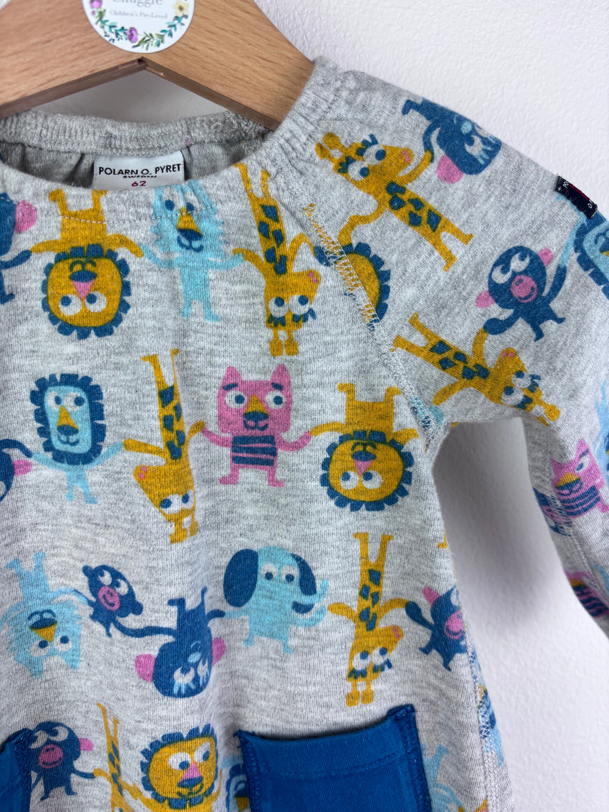 Polarn O Pyret Grey Animal Print Dress with Blue Pockets 2-4 Months-Dresses-Second Snuggle Preloved
