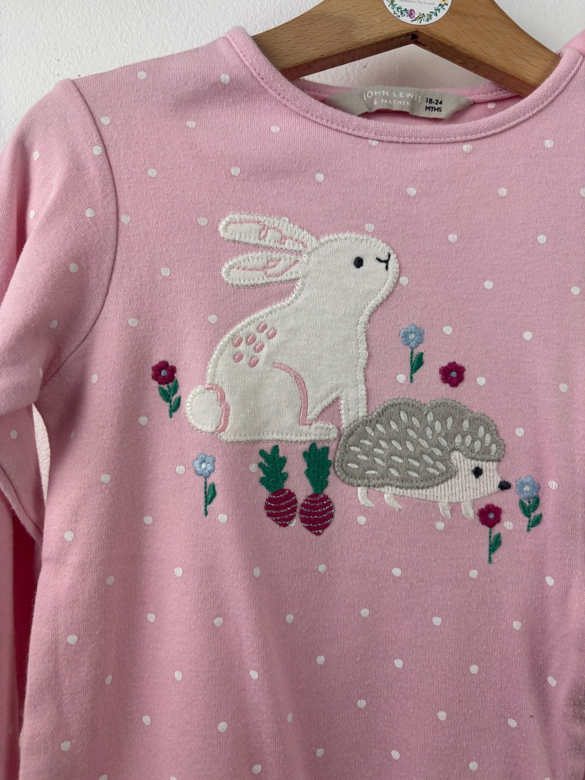 John Lewis Pink Bunny Hedgehog Sleepsuit 18-24 Months-Rompers-Second Snuggle Preloved