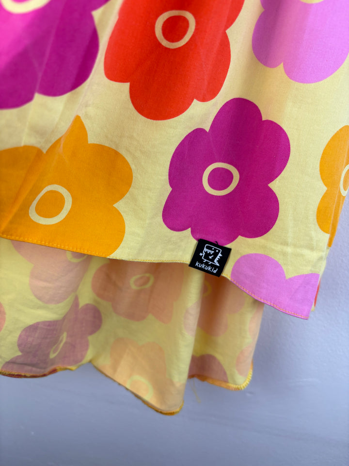 Kuku Kid Yellow Pink Floral Puff Sleeve Dress 3-4 Years