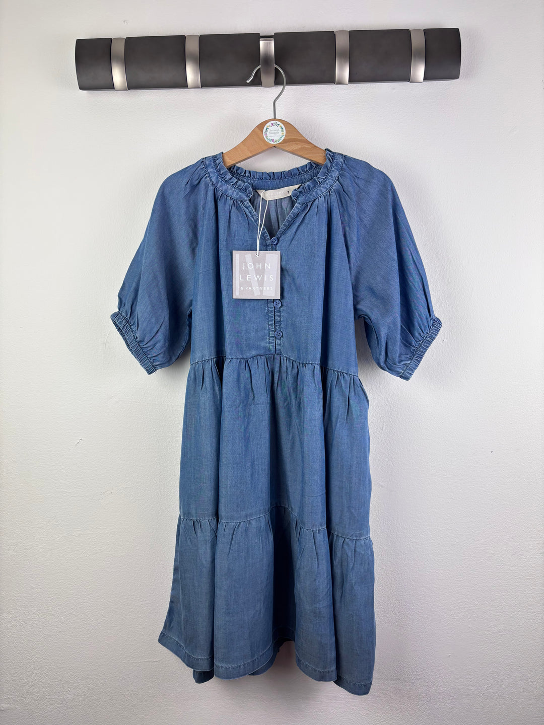 John Lewis Blue Chambray Tiered Dress 7 Years