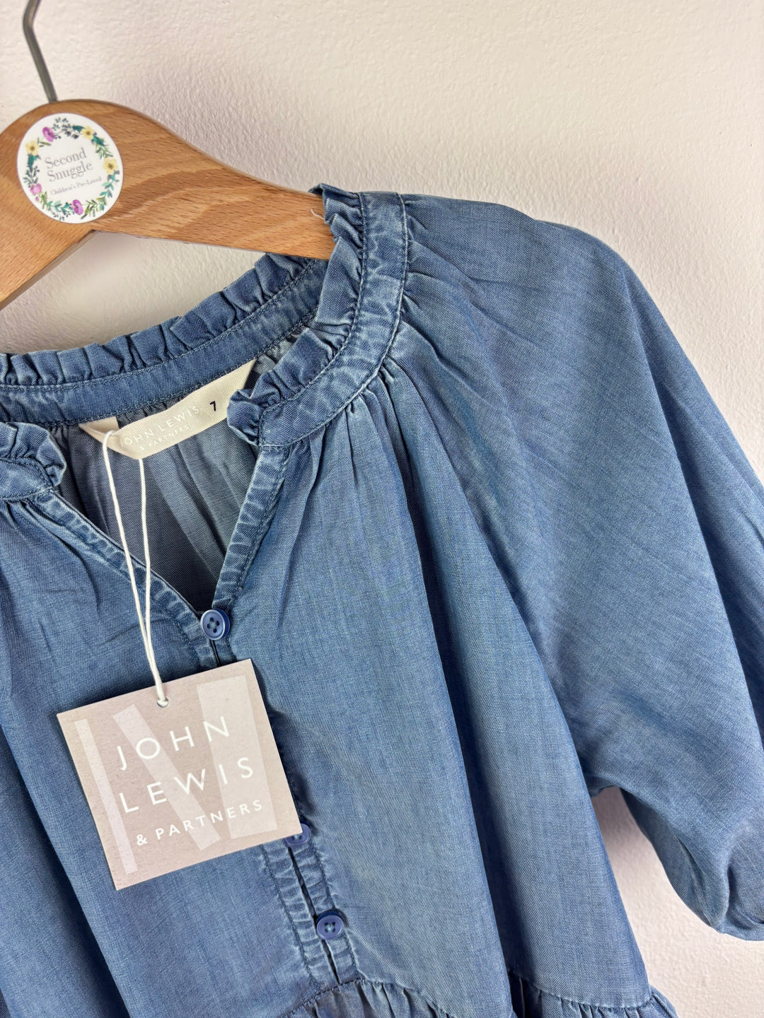 John Lewis Blue Chambray Tiered Dress 7 Years