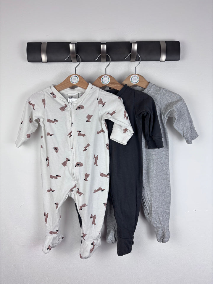 H&M Sleepsuits Dachshund Navy Grey Set 2-4 Months