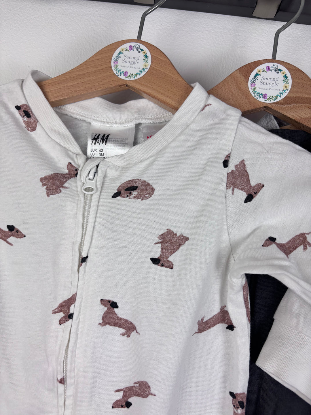 H&M Sleepsuits Dachshund Navy Grey Set 2-4 Months
