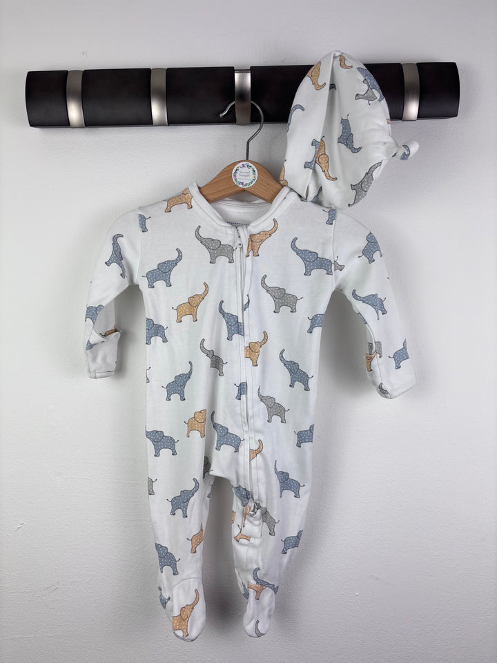 JoJo Maman Bébé White Elephant Sleepsuit and Hat 0-3 Months-Sleepsuits-Second Snuggle Preloved