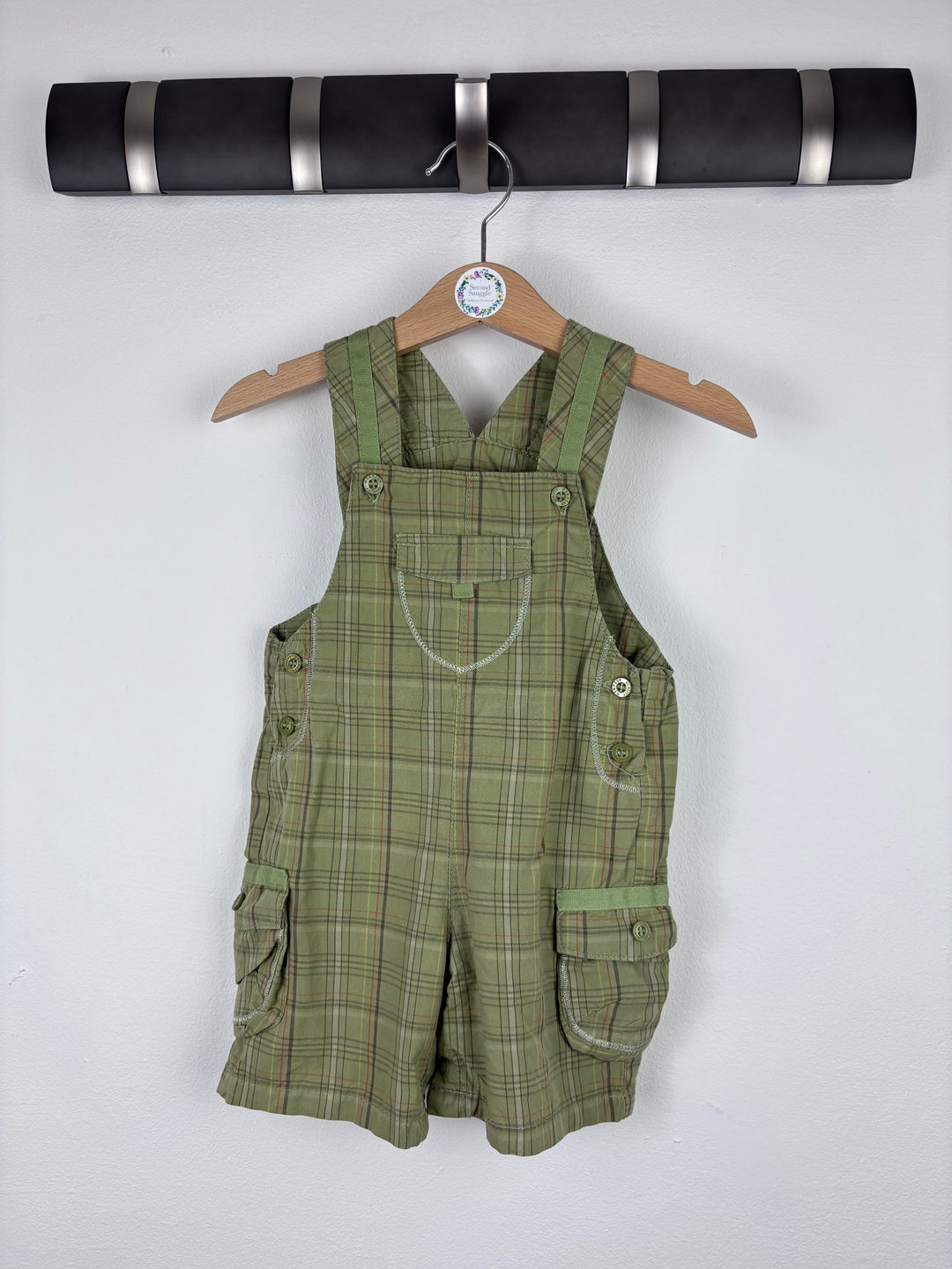 M&S Green Checked Dungaree Shorts 6-9 Months-Dungarees-Second Snuggle Preloved