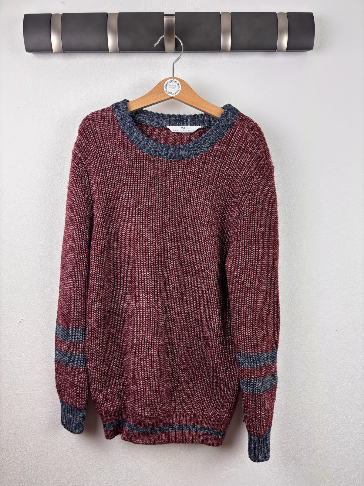 M&S Burgundy Knitted Jumper Grey Stripe Detail 9-10 Years-Jumpers-Second Snuggle Preloved