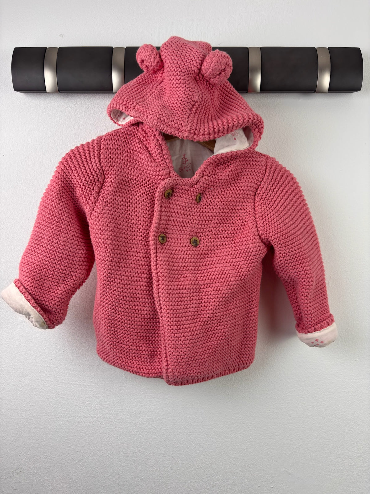 M&S Pink Knitted Bear Ear Hooded Cardigan 6-9 Months-Jackets-Second Snuggle Preloved