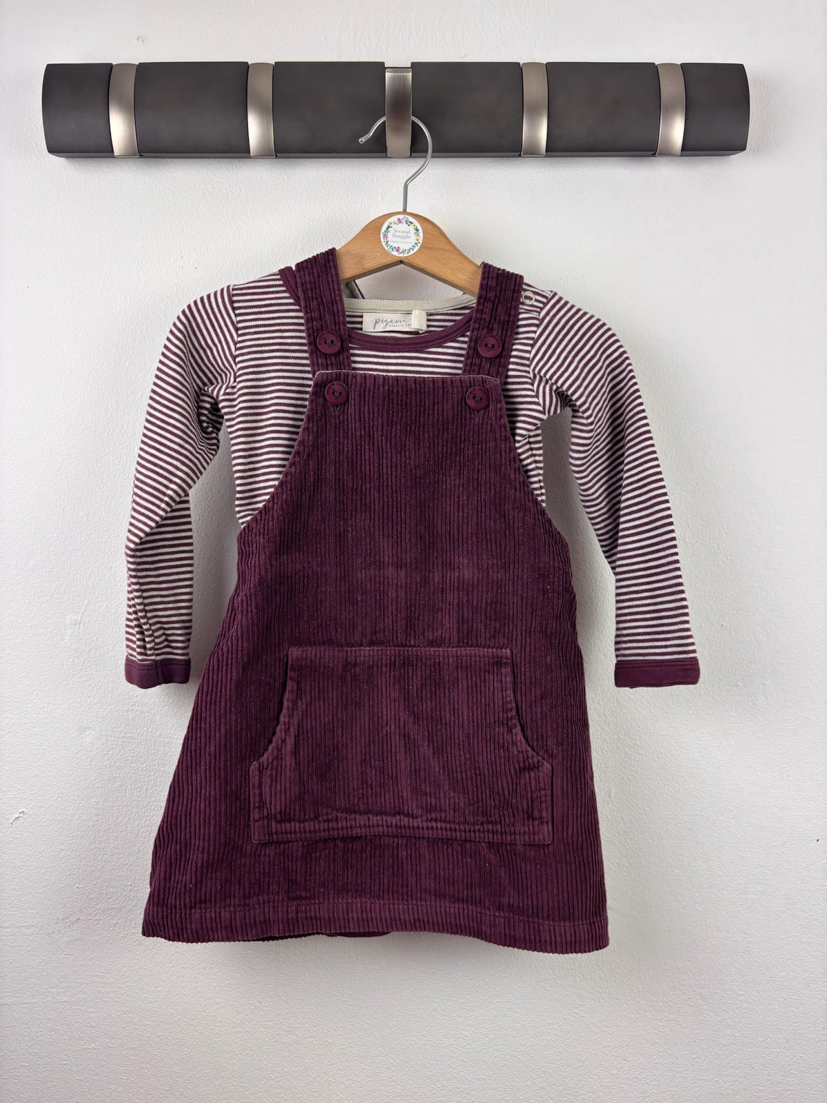 Pigeon Burgundy Cord Pinafore Dress and Striped Top 12-18 Months-Dresses-Second Snuggle Preloved