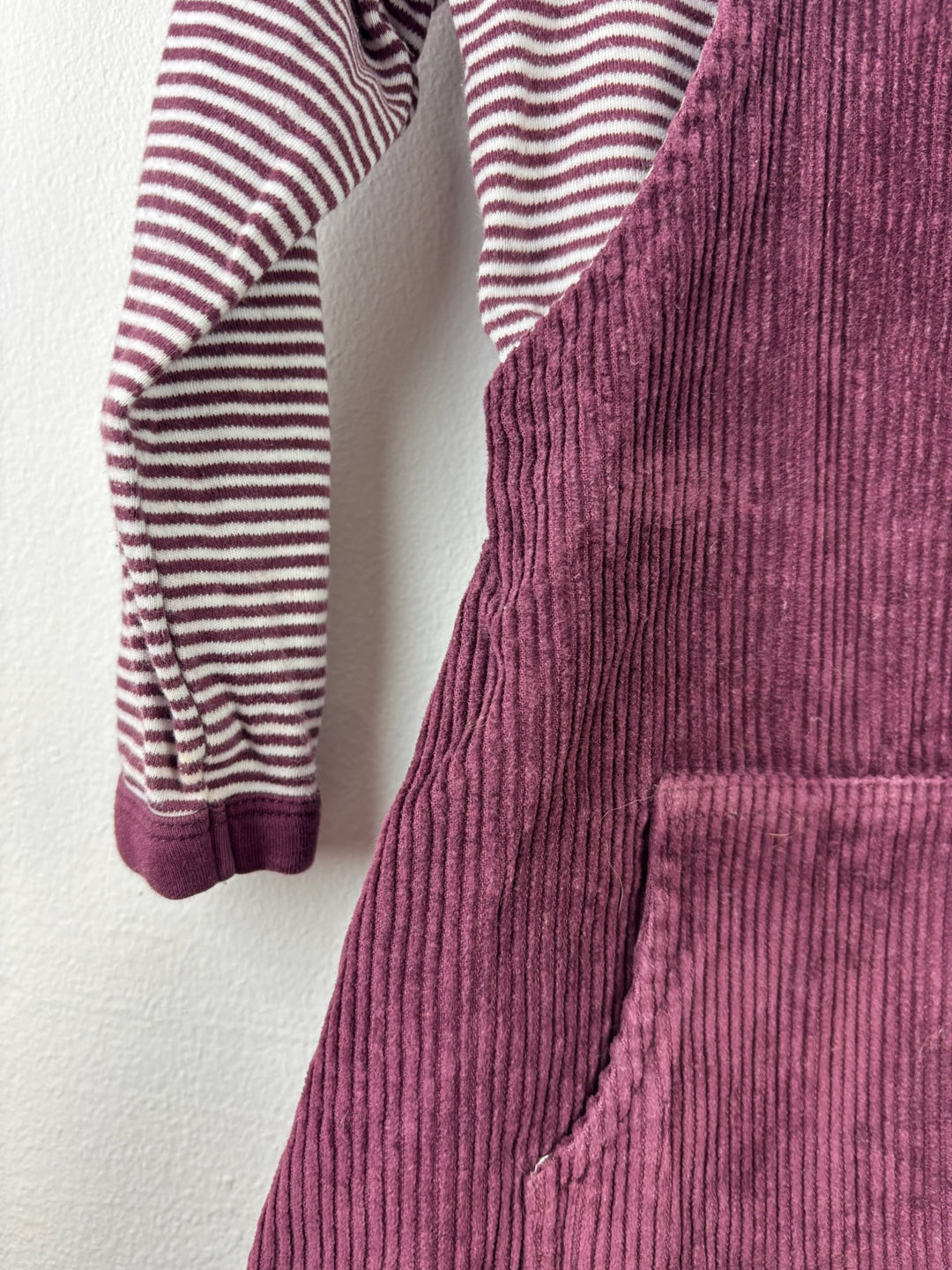 Pigeon Burgundy Cord Pinafore Dress and Striped Top 12-18 Months-Dresses-Second Snuggle Preloved
