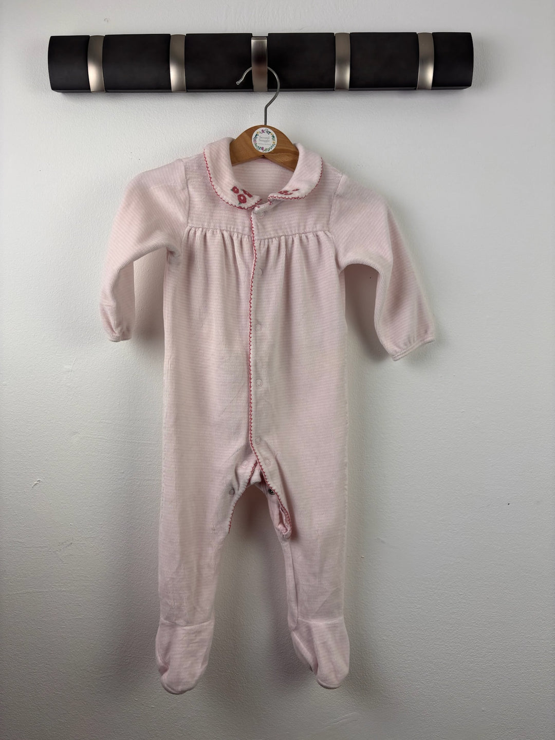 M&amp;S Pink Striped Collared Sleepsuit 6-9 Months-Sleepsuits-Second Snuggle Preloved