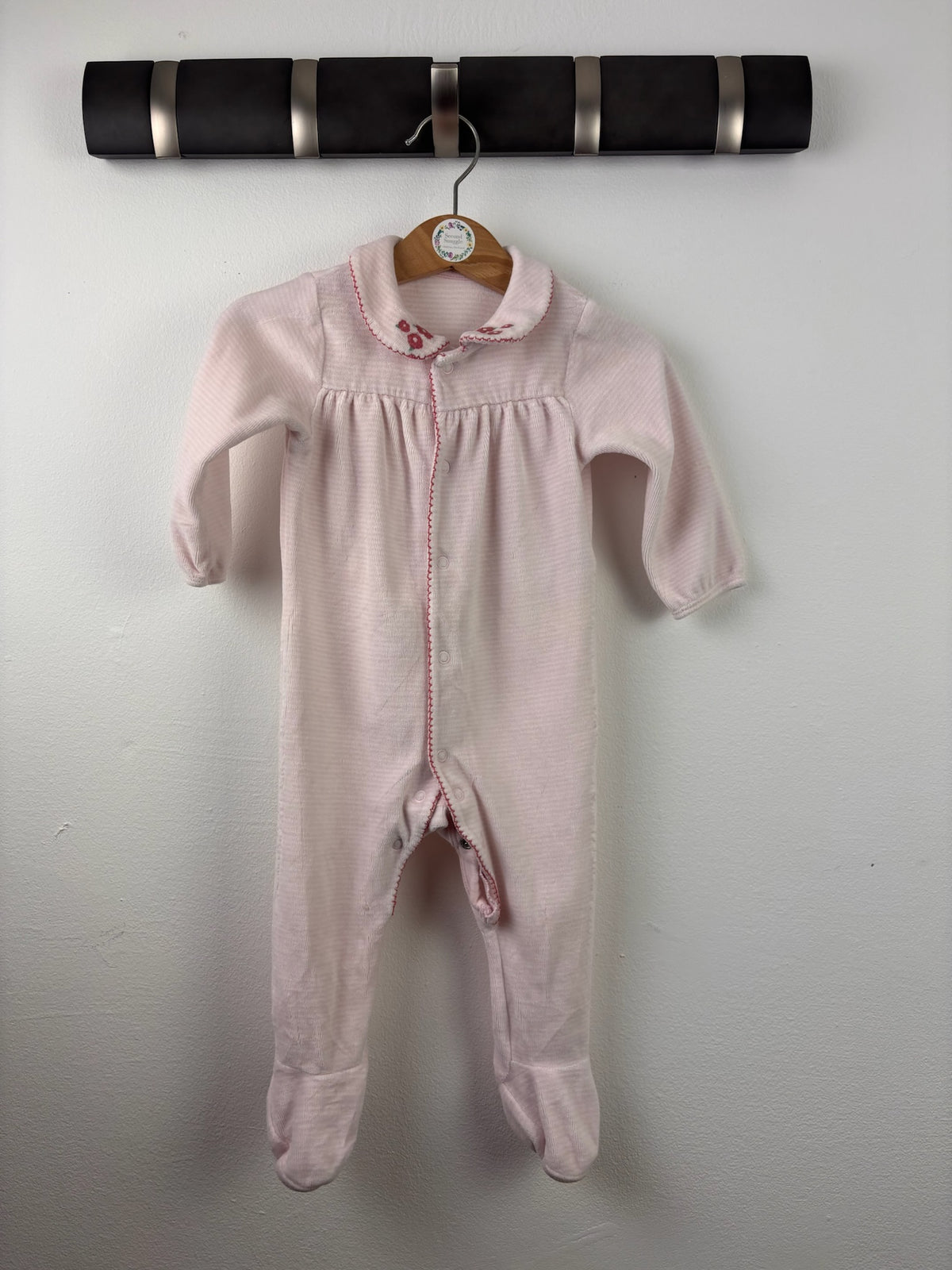 M&S Pink Striped Collared Sleepsuit 6-9 Months-Sleepsuits-Second Snuggle Preloved