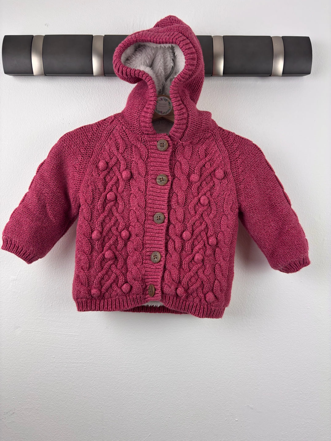 John Lewis Pink Cable Knit Hooded Cardigan 3-6 Months-Jackets-Second Snuggle Preloved