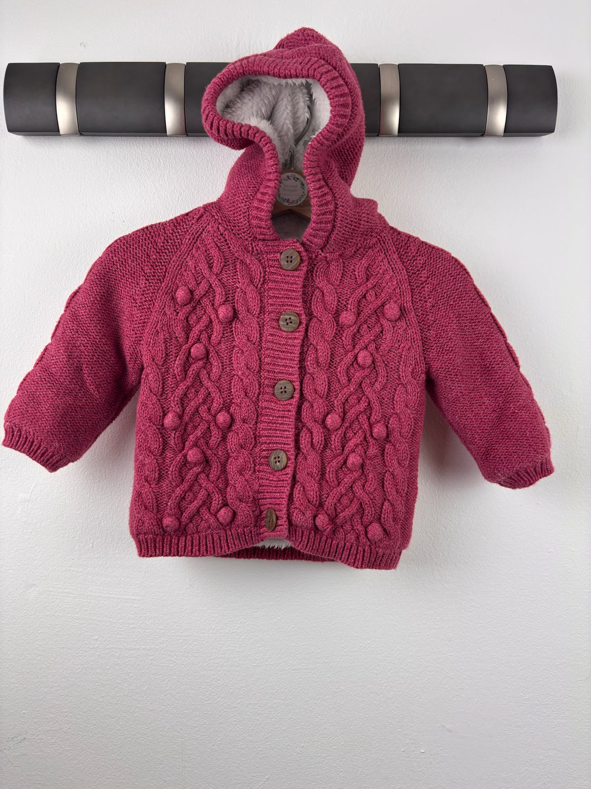 John Lewis Pink Cable Knit Hooded Cardigan 3-6 Months-Jackets-Second Snuggle Preloved