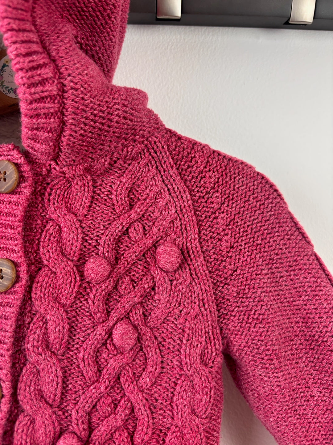 John Lewis Pink Cable Knit Hooded Cardigan 3-6 Months-Jackets-Second Snuggle Preloved