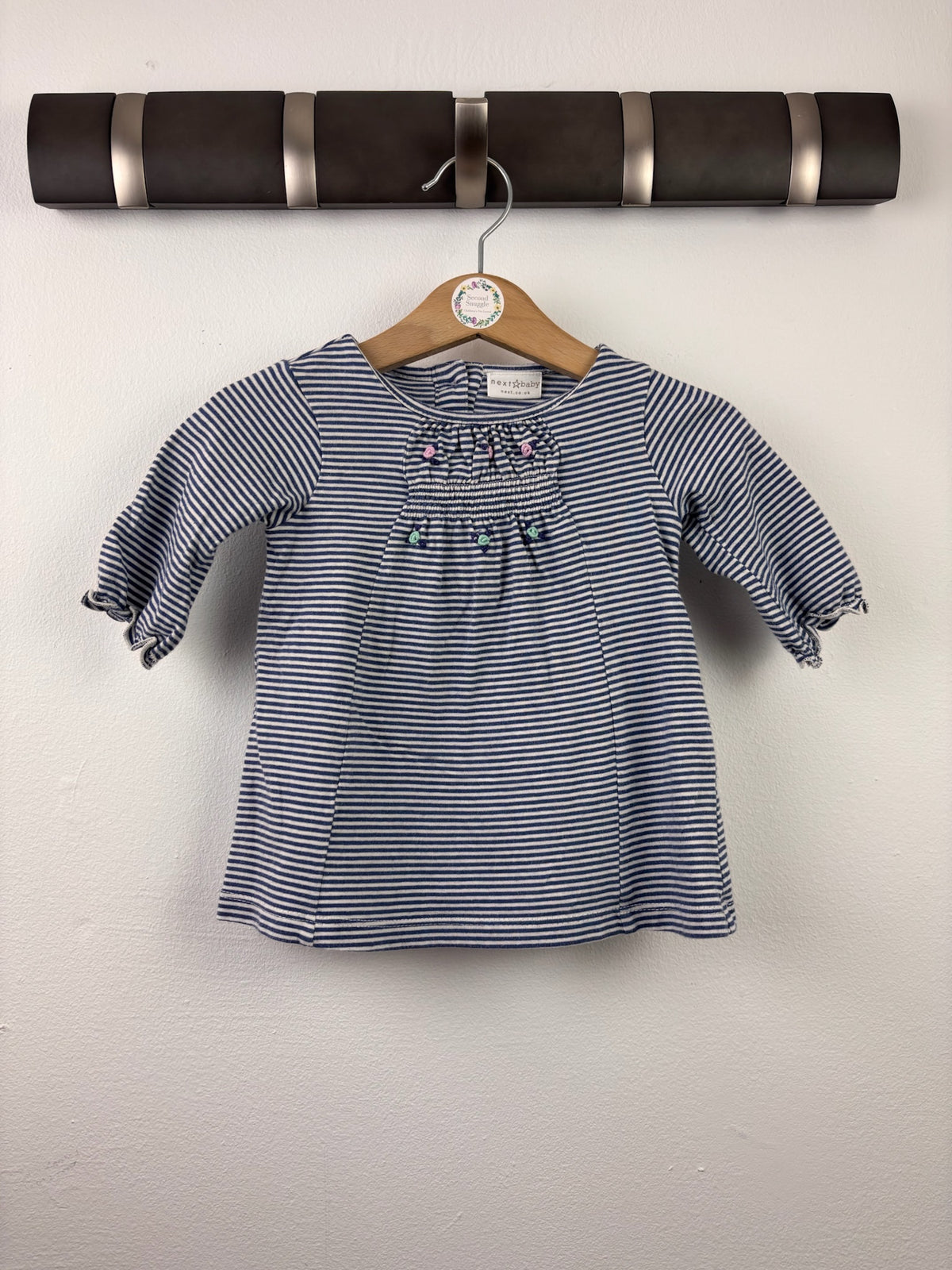 Next Blue Stripe Smocked Long Sleeve Top Up To 3 Months-Dresses-Second Snuggle Preloved