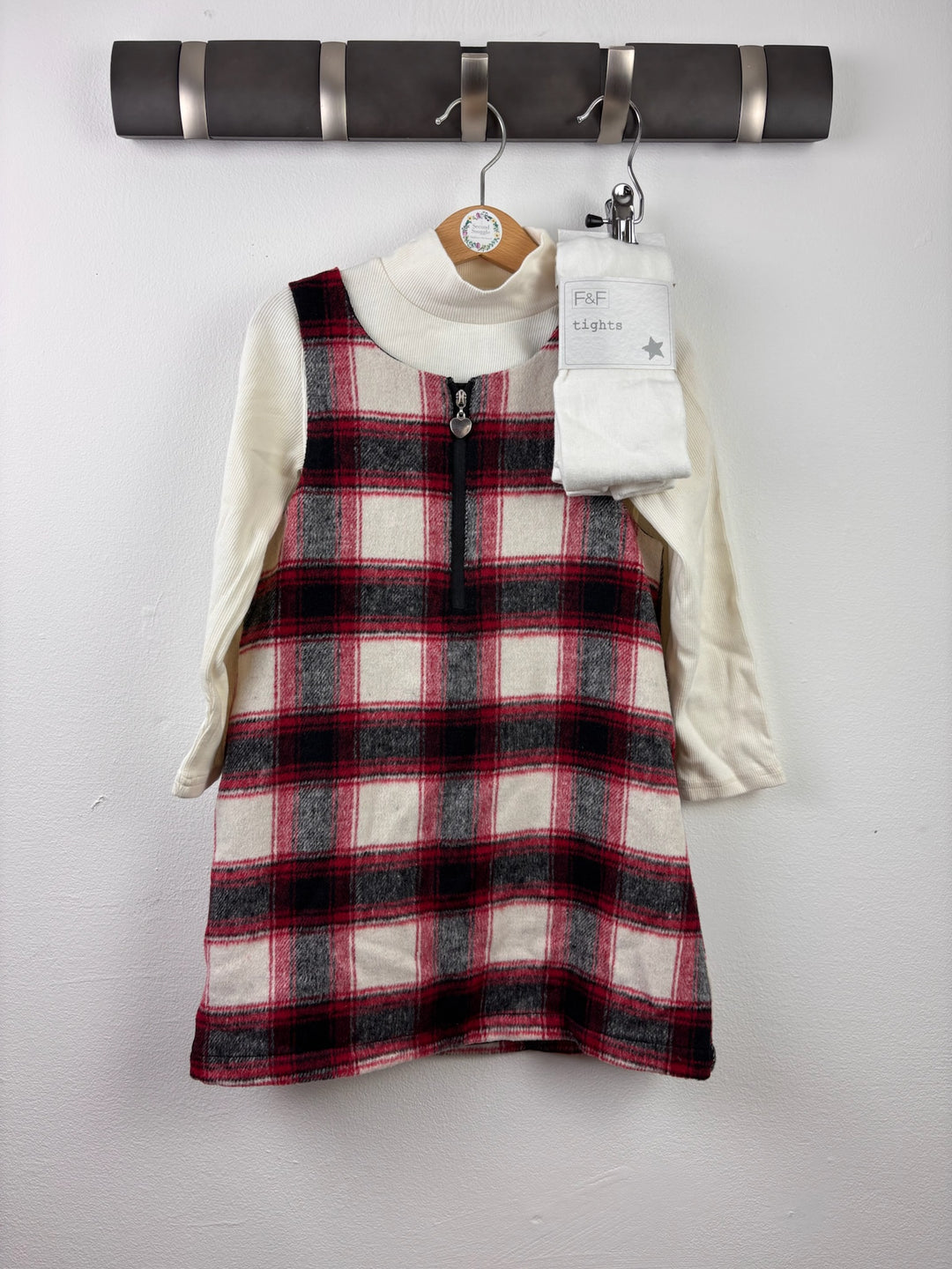 Fred &amp; Flo Cream Red Tartan Pinafore Dress Set 4-5 Years-Dresses-Second Snuggle Preloved