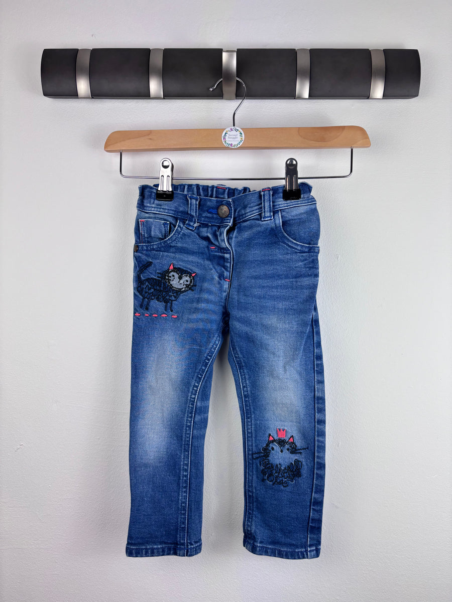 Next Cat Embroidered Jeans 12-18 Months-Trousers-Second Snuggle Preloved