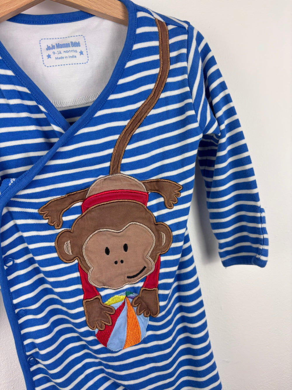 JoJo Maman Bébé Blue Monkey Sleepsuit 9-12 Months-Sleepsuits-Second Snuggle Preloved