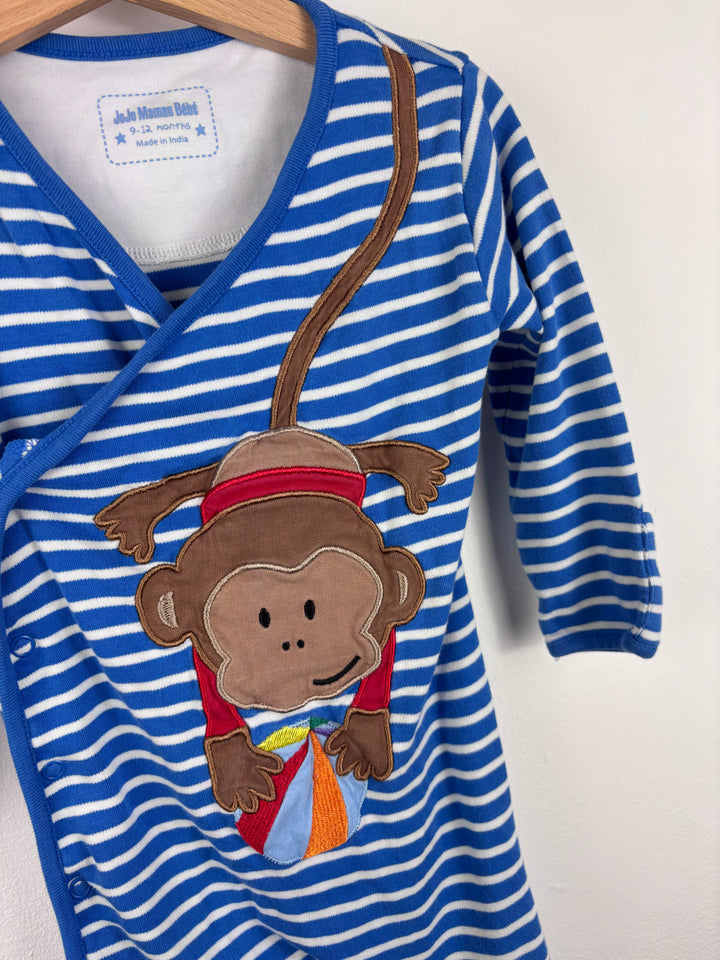JoJo Maman Bébé Blue Monkey Sleepsuit 9-12 Months-Sleepsuits-Second Snuggle Preloved