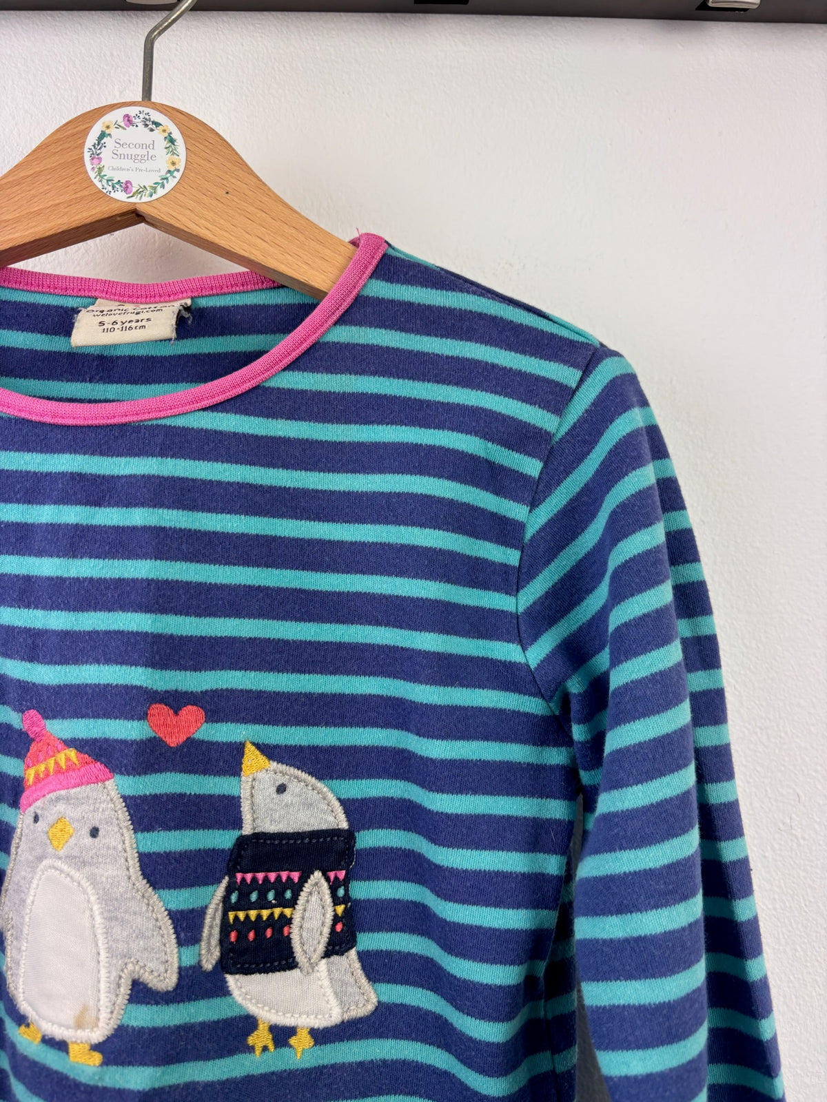 Frugi Blue Stripe Penguin Appliqué Top 5-6 Years-Tops-Second Snuggle Preloved