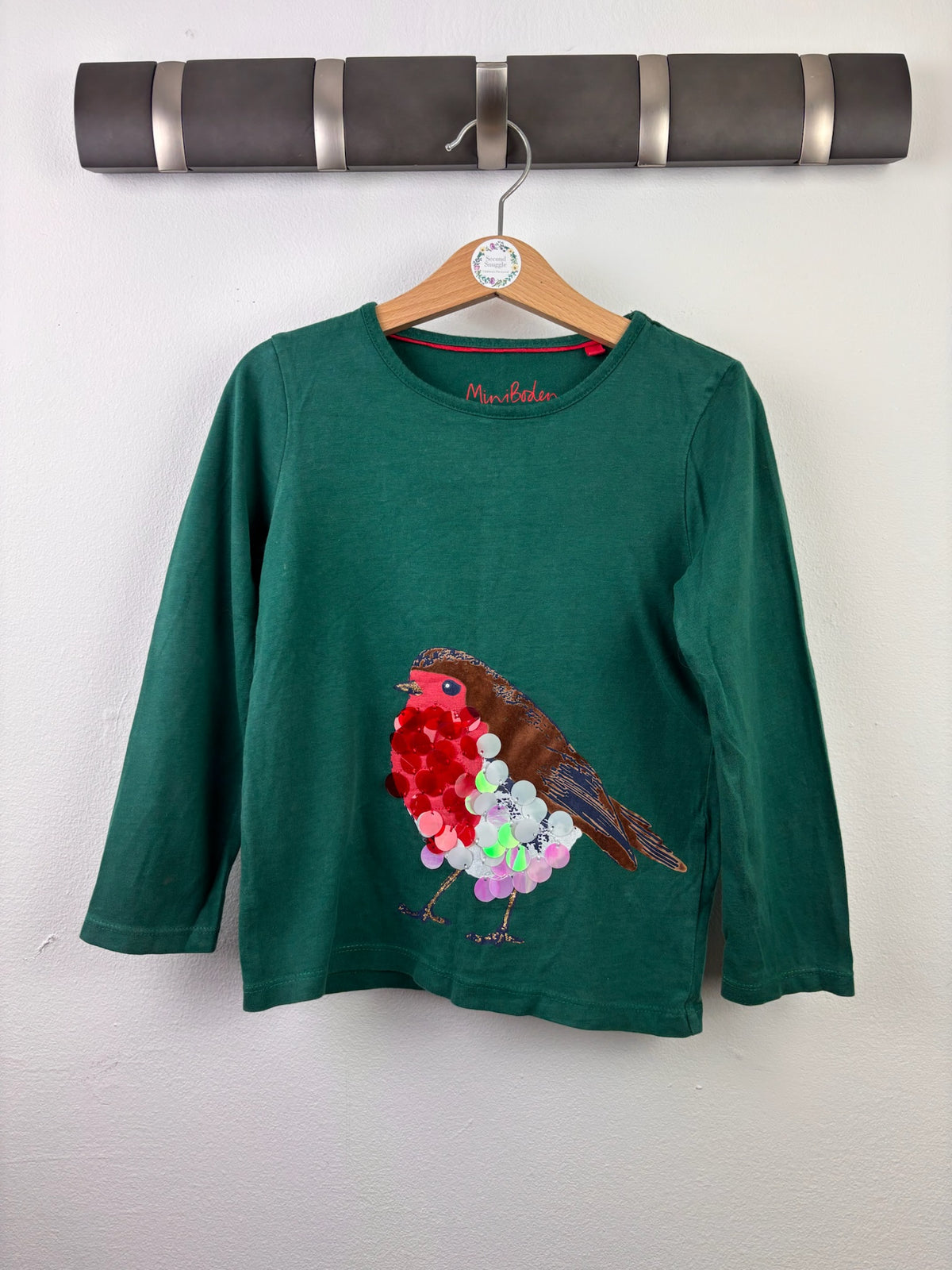 Mini Boden Green Robin Sequin Appliqué Top 4-5 Years-Tops-Second Snuggle Preloved