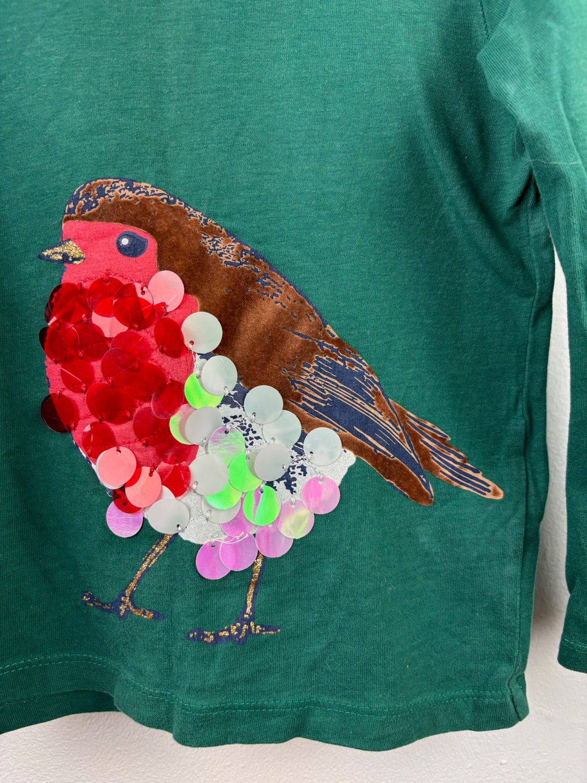 Mini Boden Green Robin Sequin Appliqué Top 4-5 Years-Tops-Second Snuggle Preloved