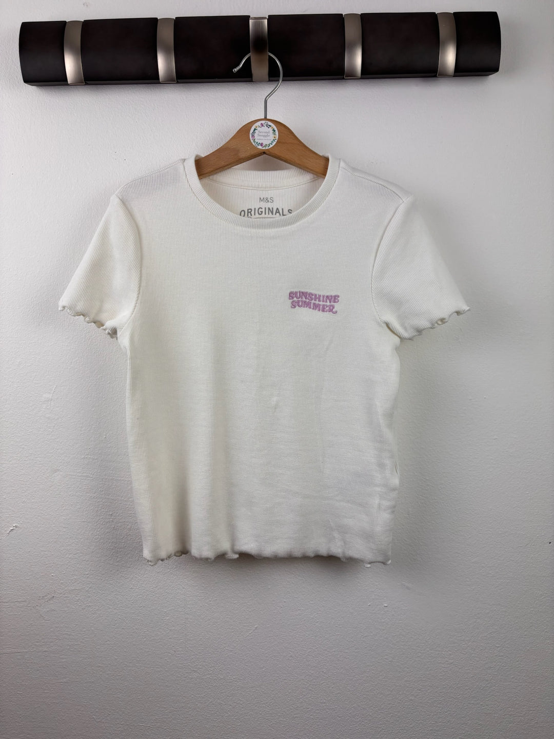 M&amp;S Cream Ribbed Sunshine Summer T-Shirt 8-9 Years-Tops-Second Snuggle Preloved