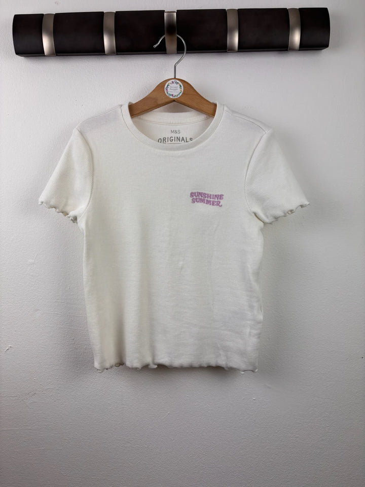 M&amp;S Cream Ribbed Sunshine Summer T-Shirt 8-9 Years-Tops-Second Snuggle Preloved