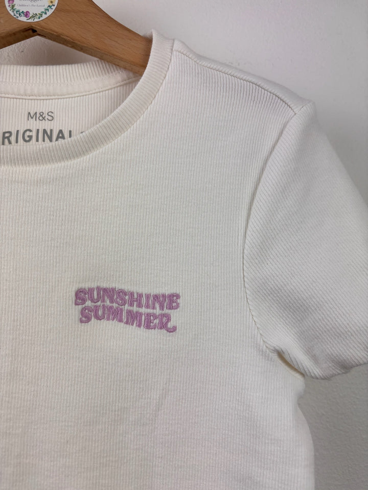 M&amp;S Cream Ribbed Sunshine Summer T-Shirt 8-9 Years-Tops-Second Snuggle Preloved
