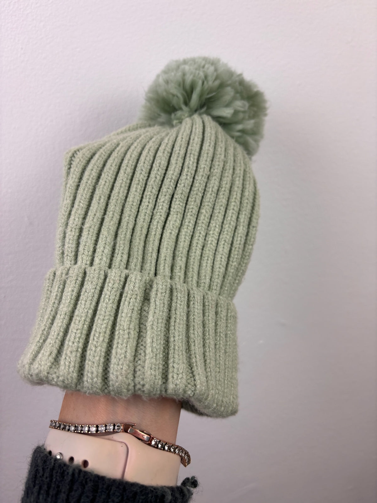 M&S Sage Green Ribbed Pom Pom Hat 3-6 Years-Hats-Second Snuggle Preloved