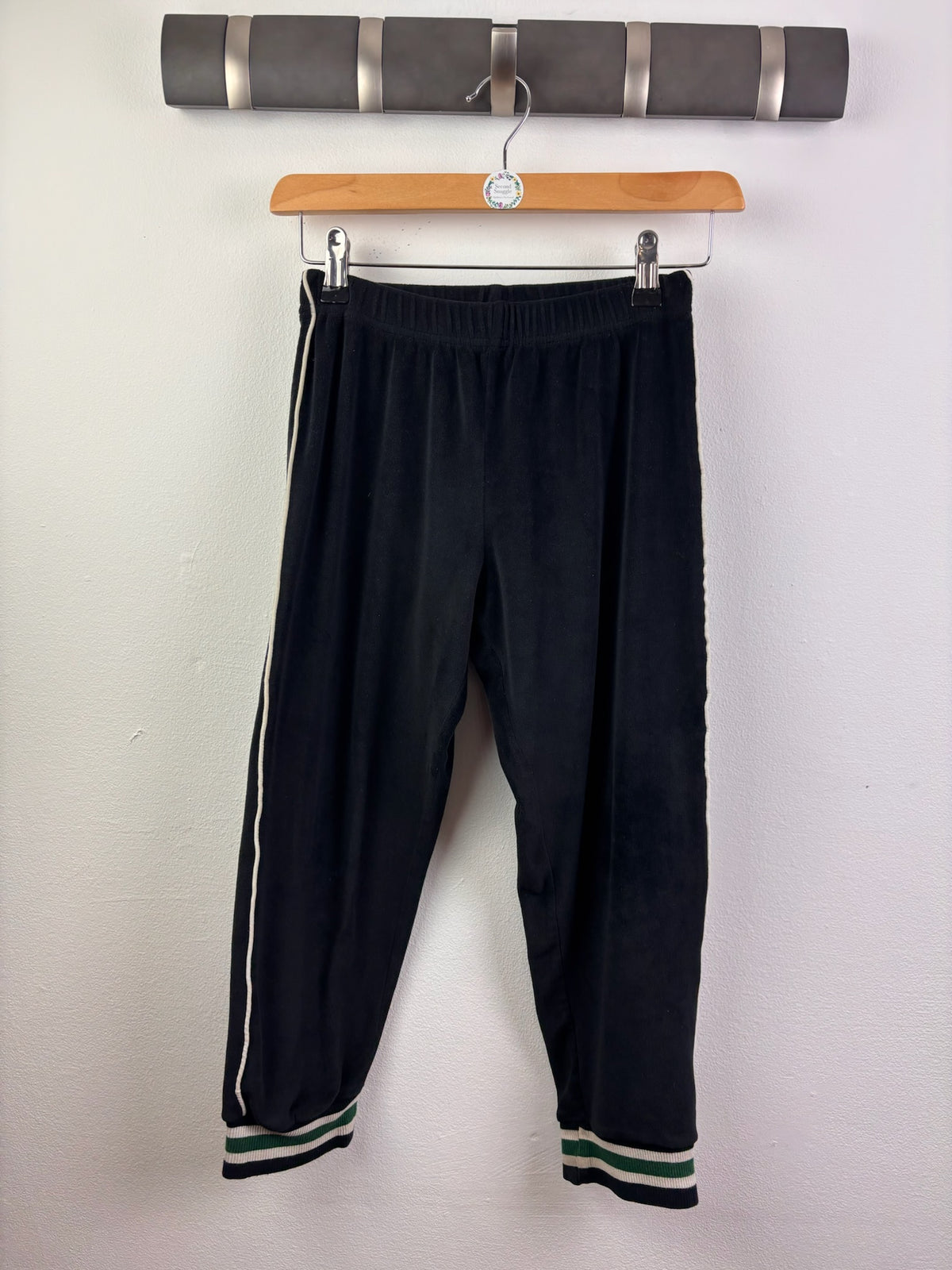 M&S Black Velour Joggers With Side Stripe And Striped Cuffs 8-9 Years-Trousers-Second Snuggle Preloved