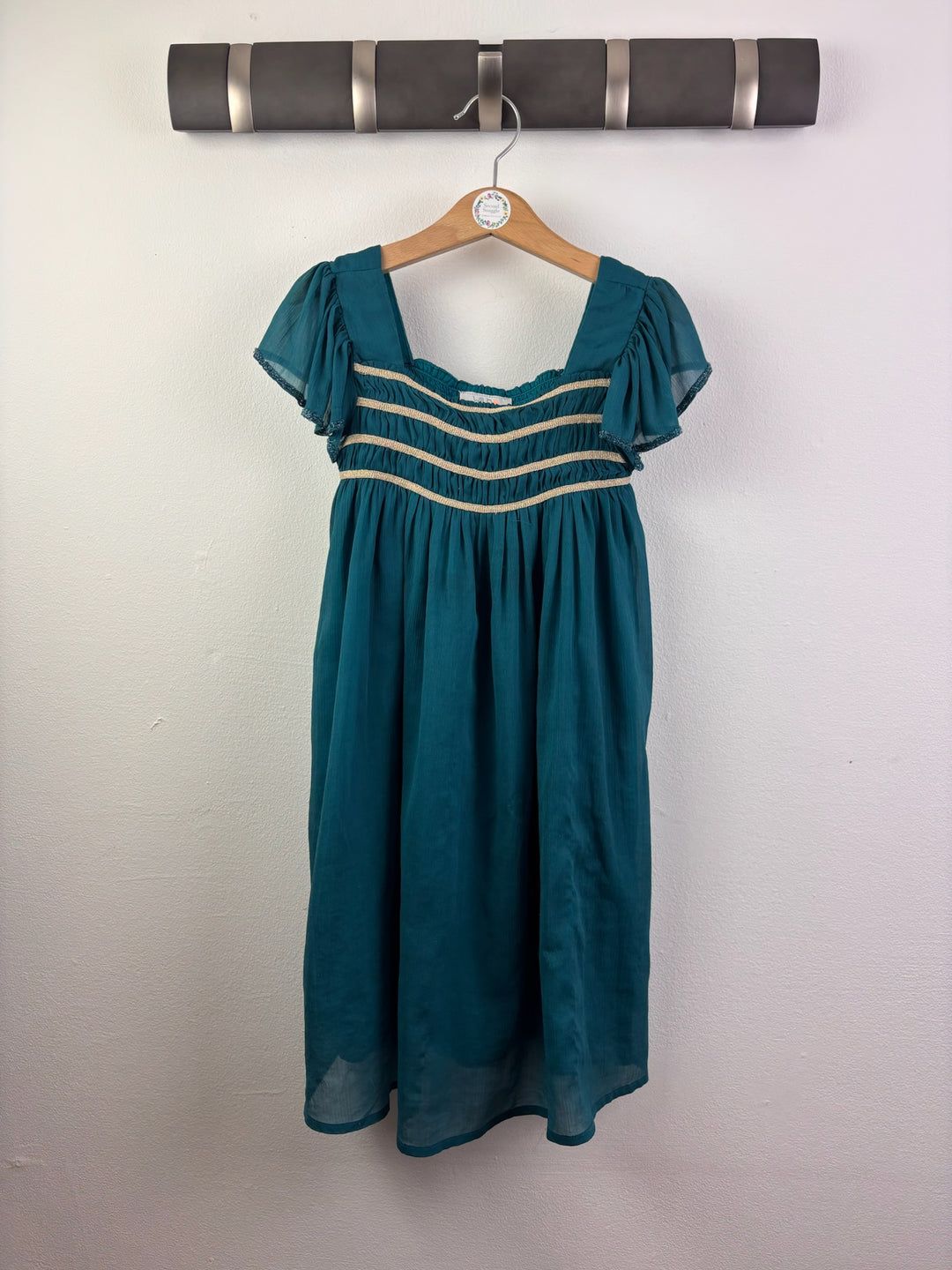Wild &amp; Gorgeous Teal Smocked Party Dress With Gold Stripes 6-7 Years-Dresses-Second Snuggle Preloved