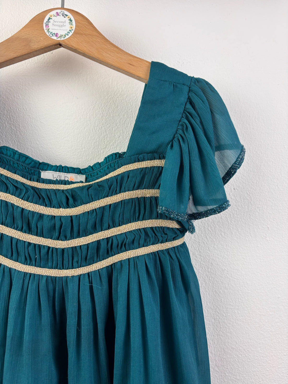 Wild & Gorgeous Teal Smocked Party Dress With Gold Stripes 6-7 Years-Dresses-Second Snuggle Preloved
