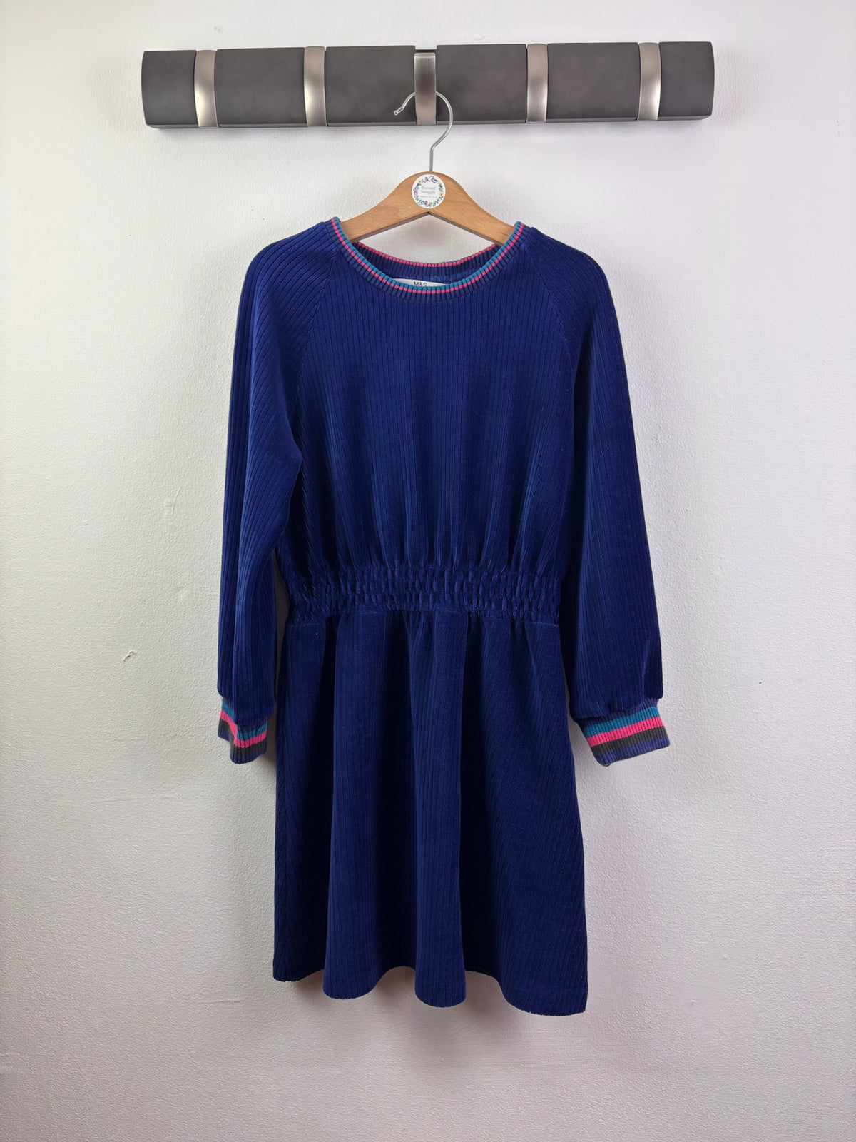 M&S Navy Ribbed Velour Dress With Striped Trim 6-7 Years-Dresses-Second Snuggle Preloved
