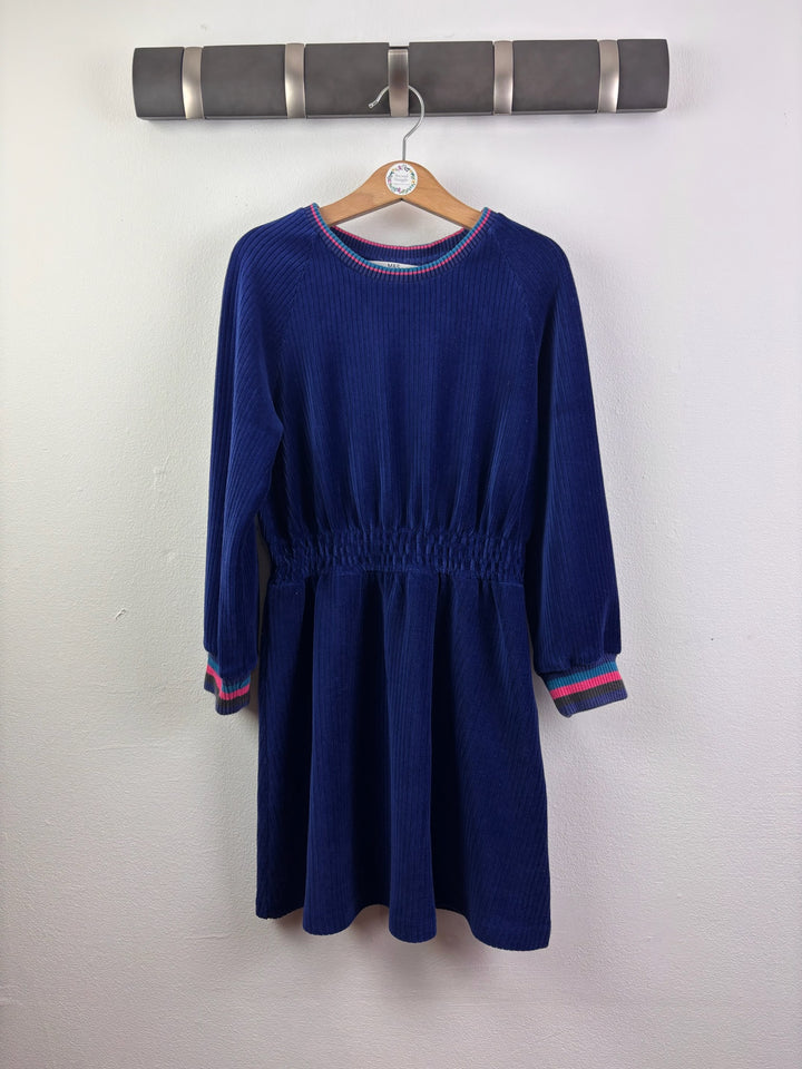 M&amp;S Navy Ribbed Velour Dress With Striped Trim 6-7 Years-Dresses-Second Snuggle Preloved