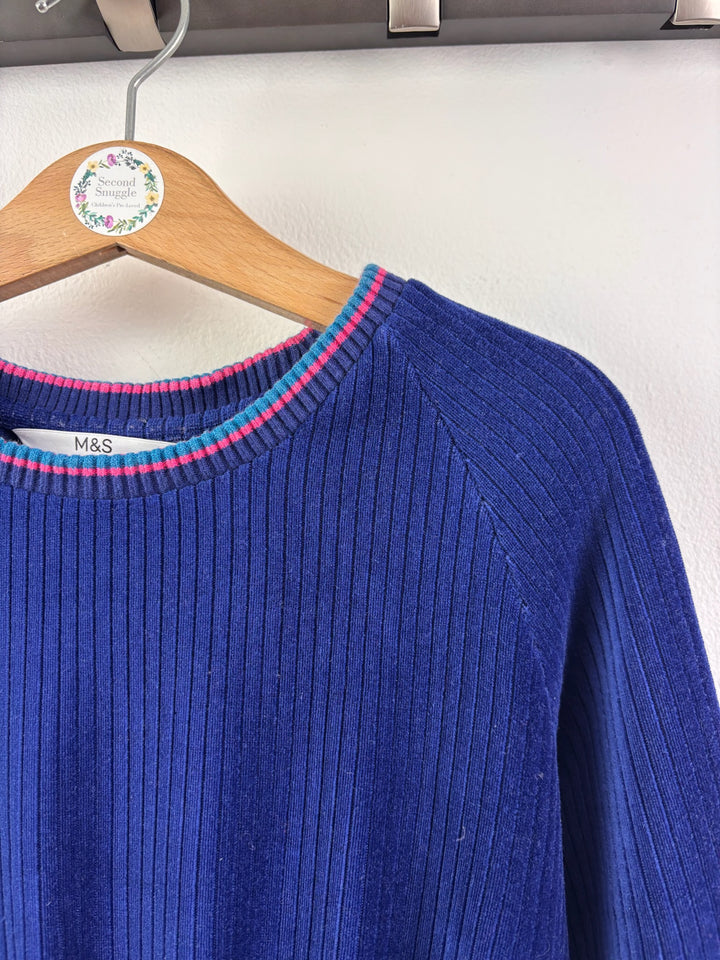M&amp;S Navy Ribbed Velour Dress With Striped Trim 6-7 Years-Dresses-Second Snuggle Preloved