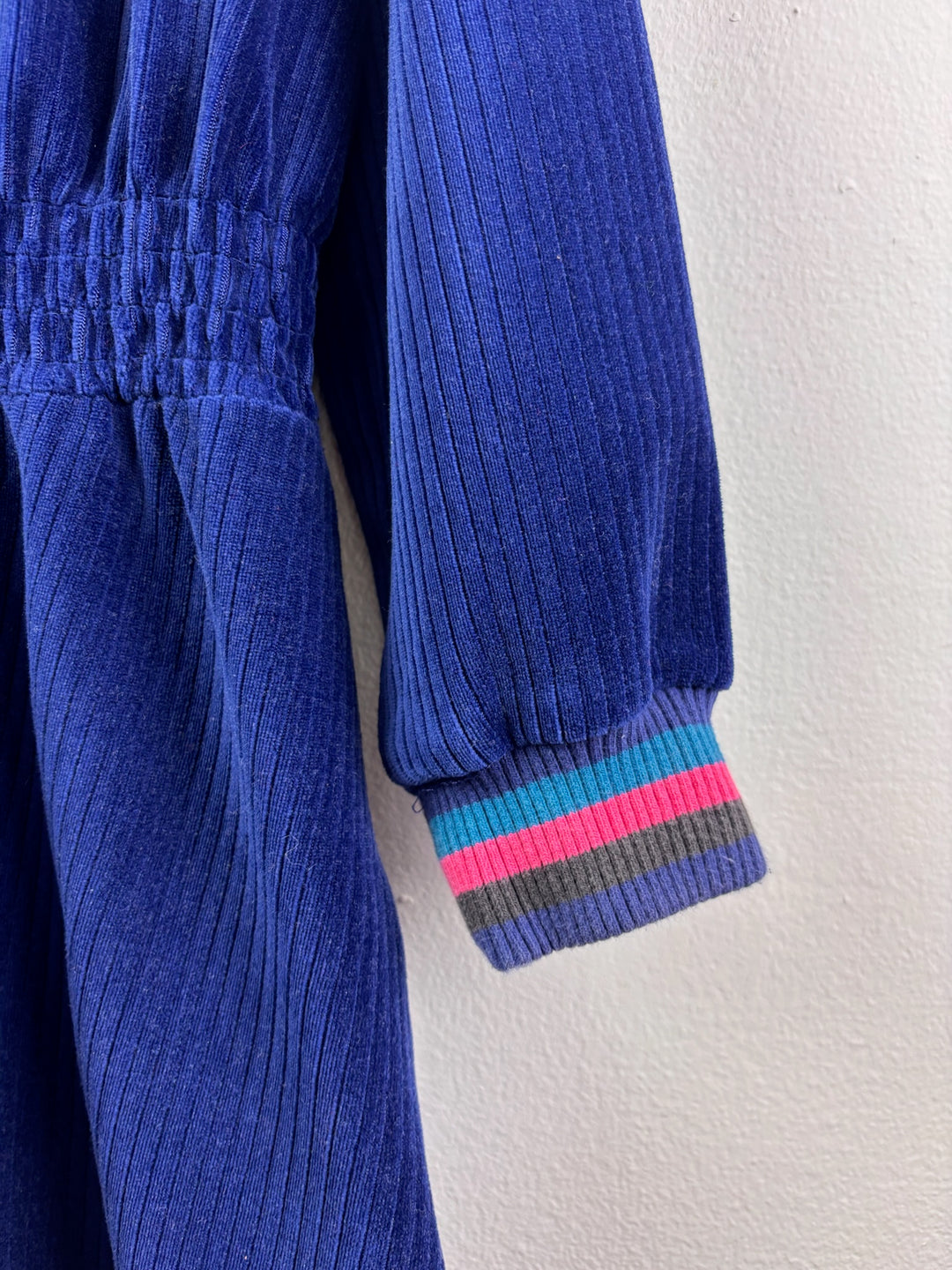 M&amp;S Navy Ribbed Velour Dress With Striped Trim 6-7 Years-Dresses-Second Snuggle Preloved