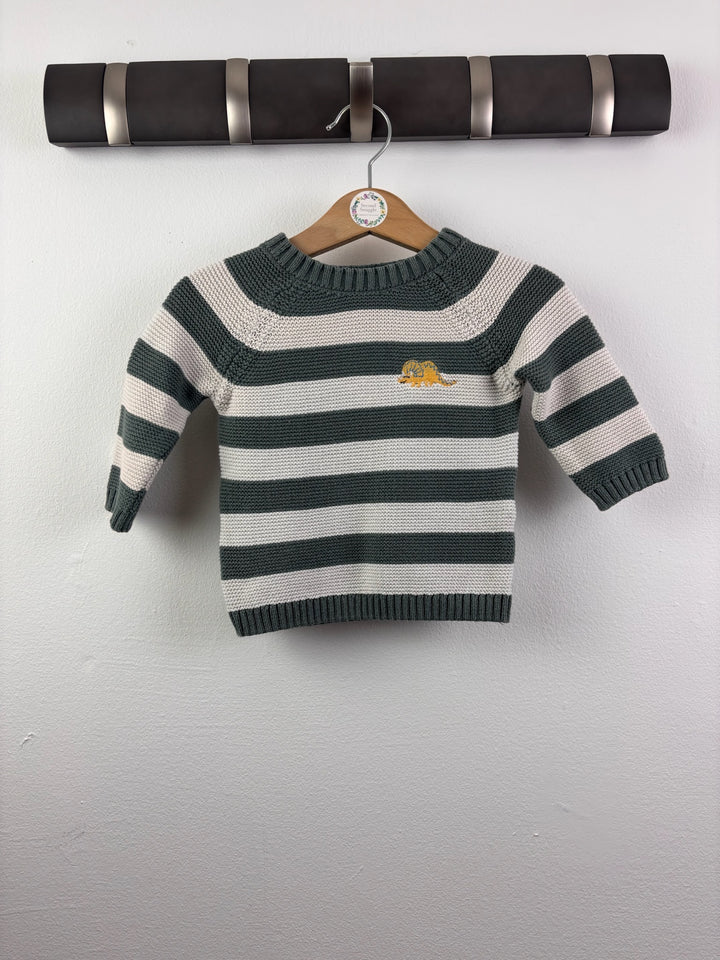 M&amp;S Green And Cream Striped Knitted Jumper With Dinosaur 3-6 Months-Jumpers-Second Snuggle Preloved