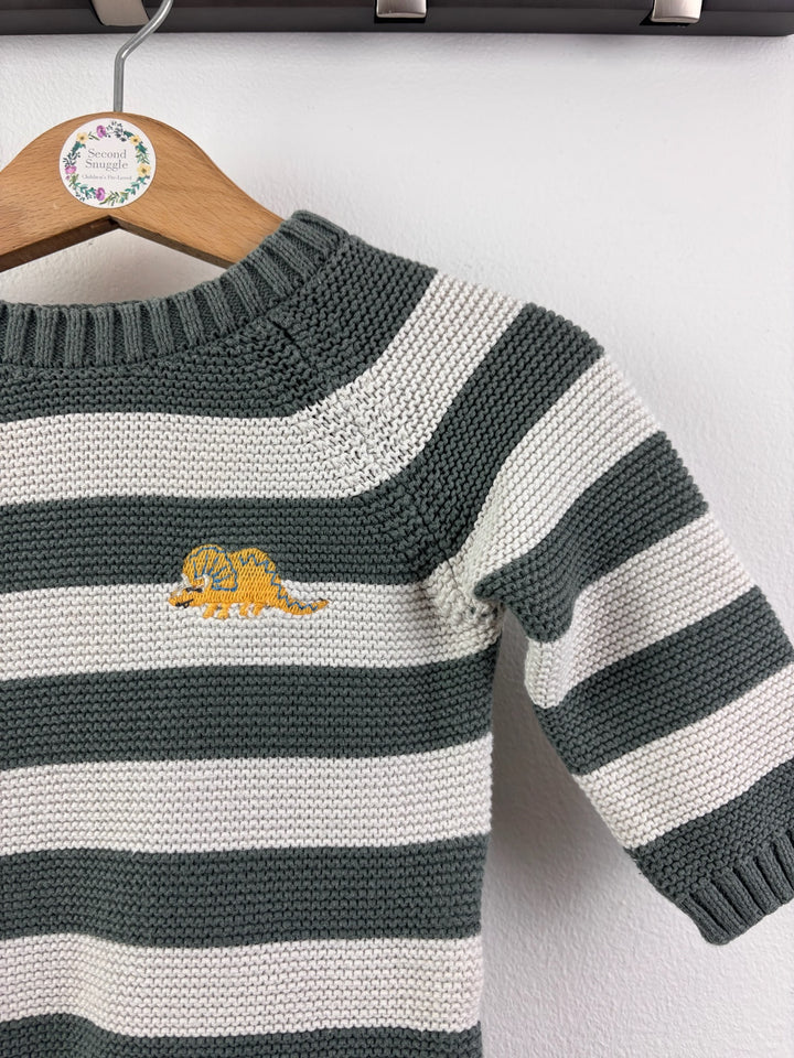 M&amp;S Green And Cream Striped Knitted Jumper With Dinosaur 3-6 Months-Jumpers-Second Snuggle Preloved