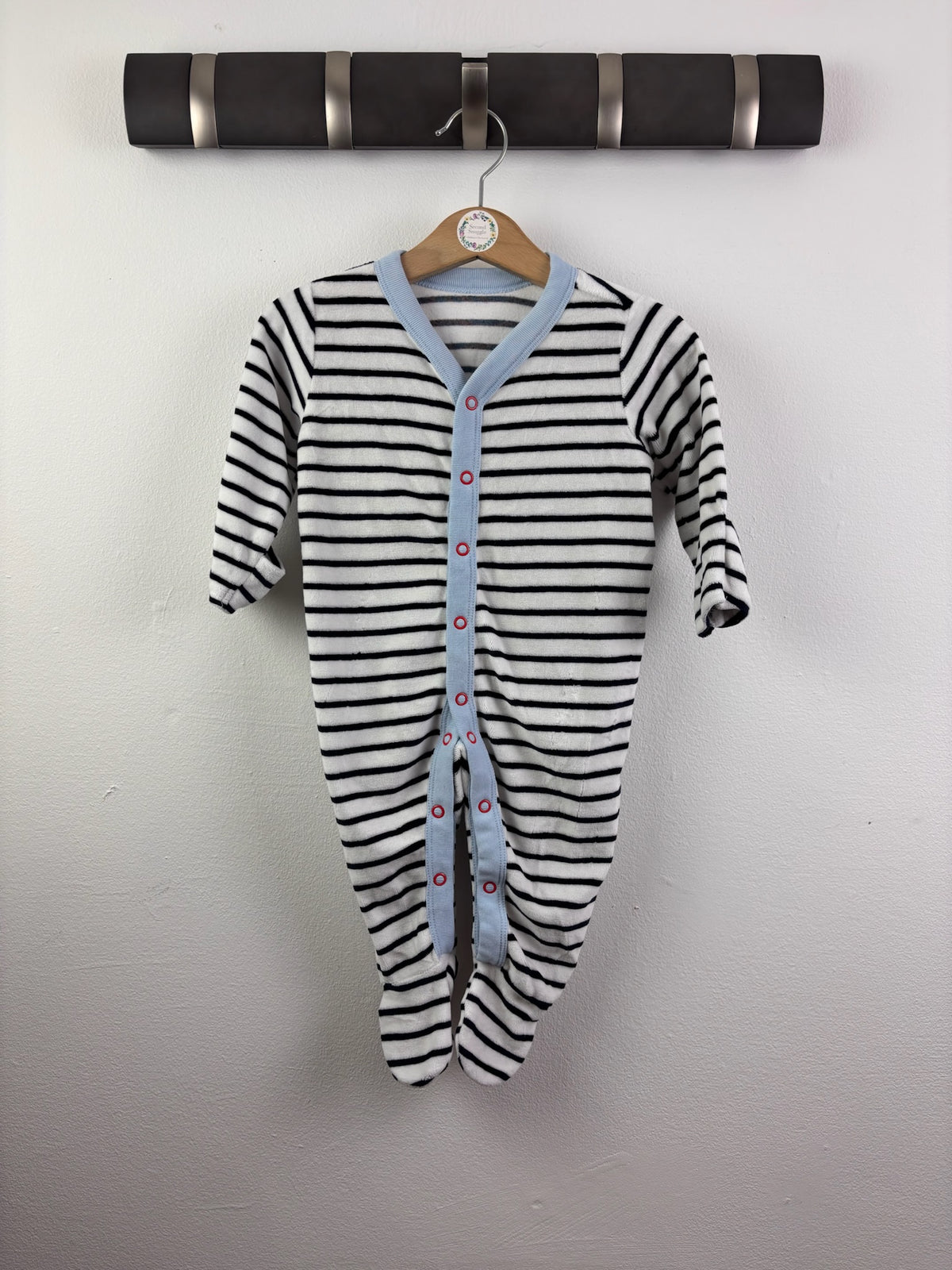 M&S White and Navy Striped Sleepsuit with Blue Trim 3-6 Months-Sleepsuits-Second Snuggle Preloved
