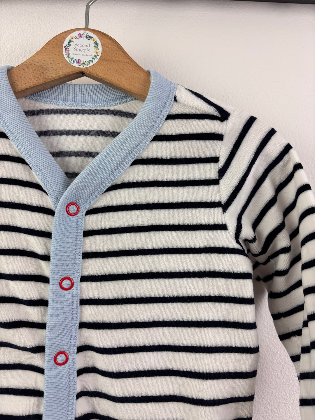 M&amp;S White and Navy Striped Sleepsuit with Blue Trim 3-6 Months-Sleepsuits-Second Snuggle Preloved